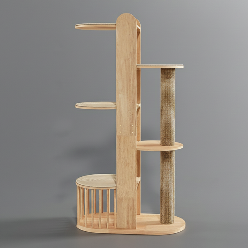 Moderner kreativer multifunktionaler Katzenbaum aus zylindrischem Kautschukholz, Acryl und Sisal für das Wohnzimmer 