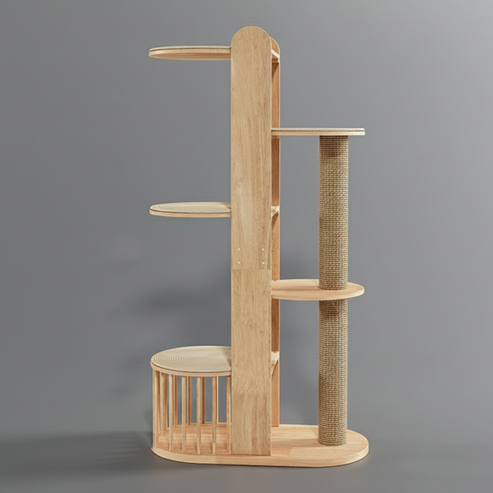 Moderner kreativer multifunktionaler Katzenbaum aus zylindrischem Kautschukholz, Acryl und Sisal für das Wohnzimmer 