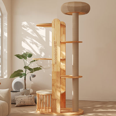 Contemporary Creative Cylindrical Rubberwood Solid Wood Acrylic Sisal Multi-Functional Cat Tree For Living Room