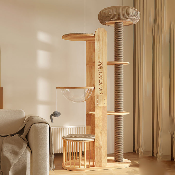 Moderner kreativer multifunktionaler Katzenbaum aus zylindrischem Kautschukholz, Acryl und Sisal für das Wohnzimmer 