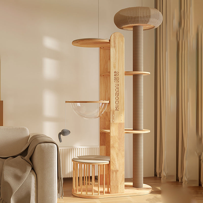 Contemporary Creative Cylindrical Rubberwood Solid Wood Acrylic Sisal Multi-Functional Cat Tree For Living Room