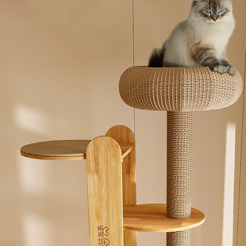 Contemporary Creative Cylindrical Rubberwood Solid Wood Acrylic Sisal Multi-Functional Cat Tree For Living Room