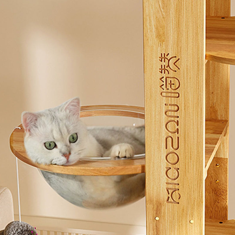 Contemporary Creative Cylindrical Rubberwood Solid Wood Acrylic Sisal Multi-Functional Cat Tree For Living Room