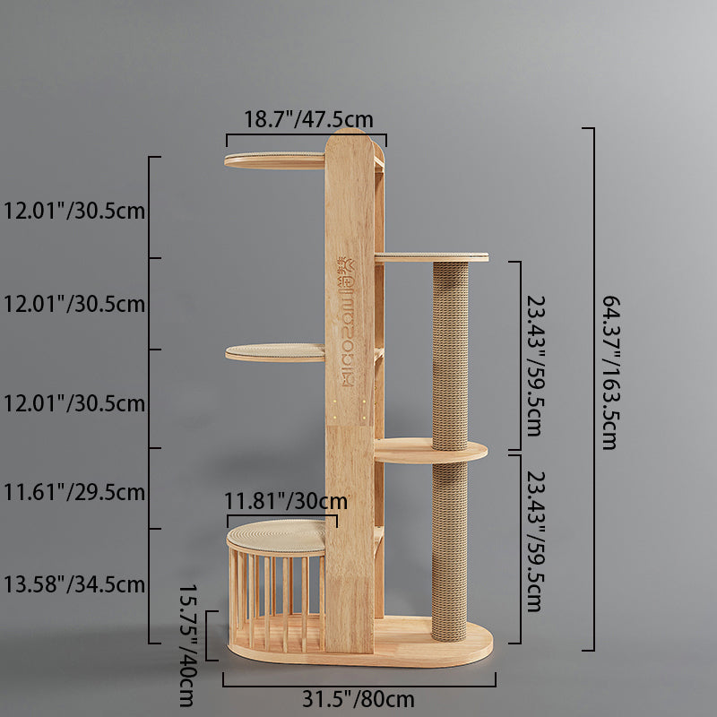 Contemporary Creative Cylindrical Rubberwood Solid Wood Acrylic Sisal Multi-Functional Cat Tree For Living Room