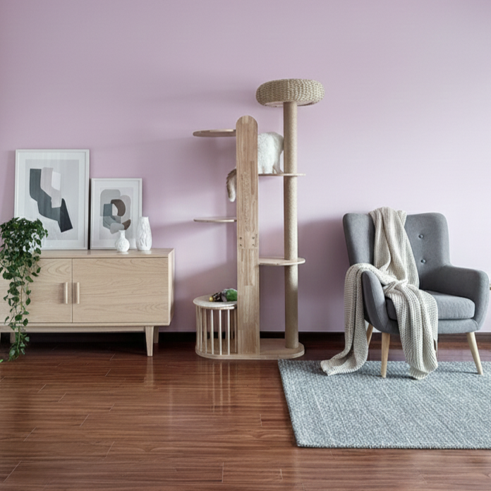 Moderner kreativer multifunktionaler Katzenbaum aus zylindrischem Kautschukholz, Acryl und Sisal für das Wohnzimmer 
