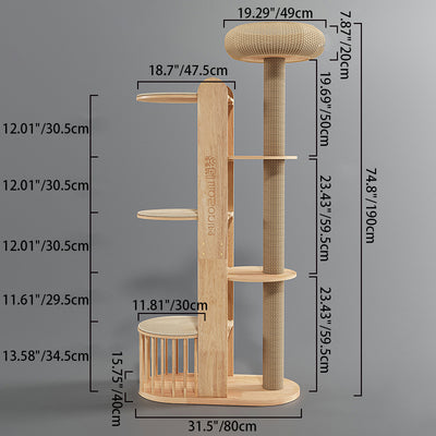 Contemporary Creative Cylindrical Rubberwood Solid Wood Acrylic Sisal Multi-Functional Cat Tree For Living Room