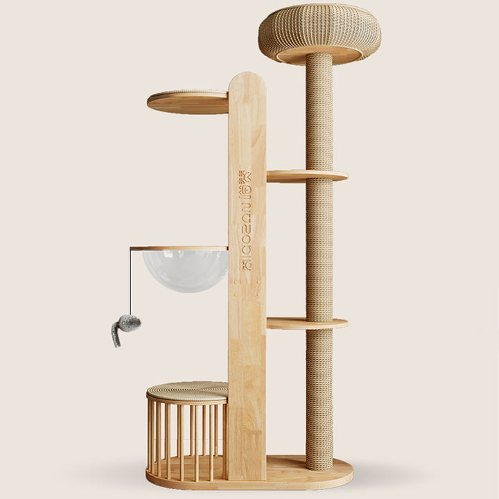 Moderner kreativer multifunktionaler Katzenbaum aus zylindrischem Kautschukholz, Acryl und Sisal für das Wohnzimmer 
