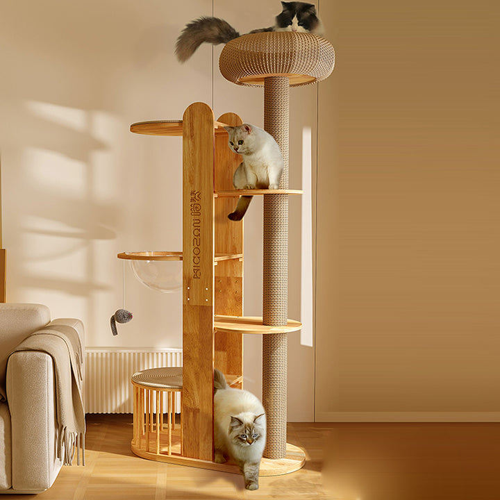 Moderner kreativer multifunktionaler Katzenbaum aus zylindrischem Kautschukholz, Acryl und Sisal für das Wohnzimmer 