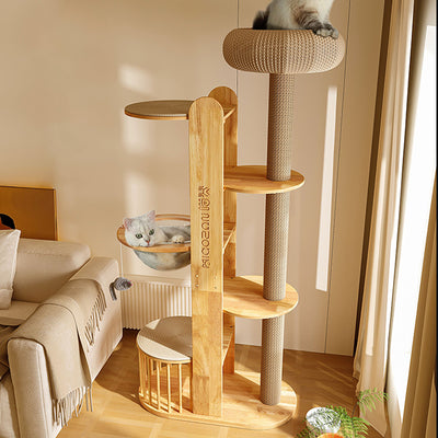 Contemporary Creative Cylindrical Rubberwood Solid Wood Acrylic Sisal Multi-Functional Cat Tree For Living Room
