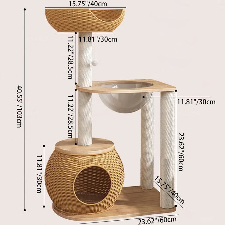 Contemporary Creative Round Rubberwood Acrylic Rattan Sisal Multi-Functional Cat Tree For Living Room