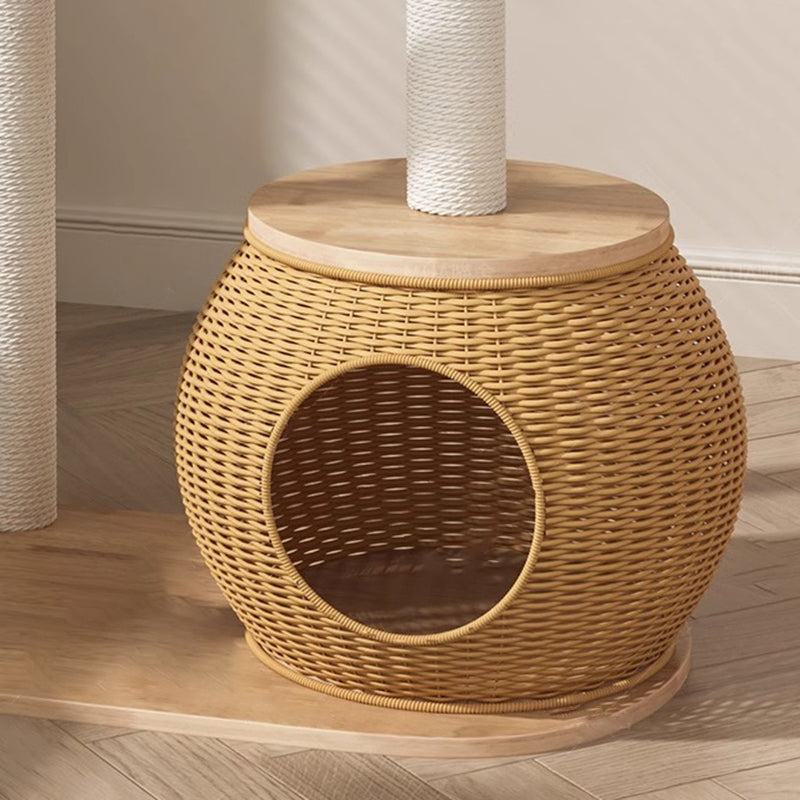 Contemporary Creative Round Rubberwood Acrylic Rattan Sisal Multi-Functional Cat Tree For Living Room