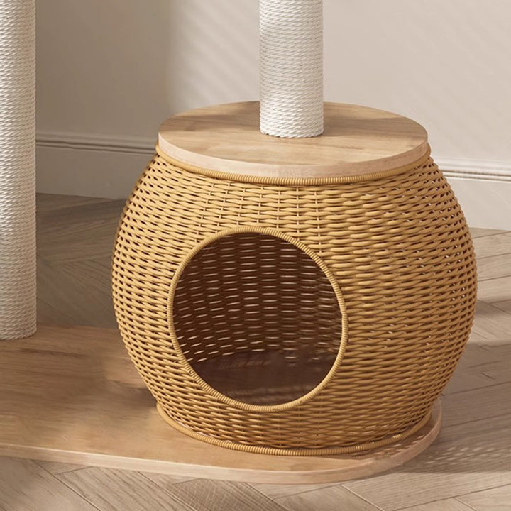 Contemporary Creative Round Rubberwood Acrylic Rattan Sisal Multi-Functional Cat Tree For Living Room