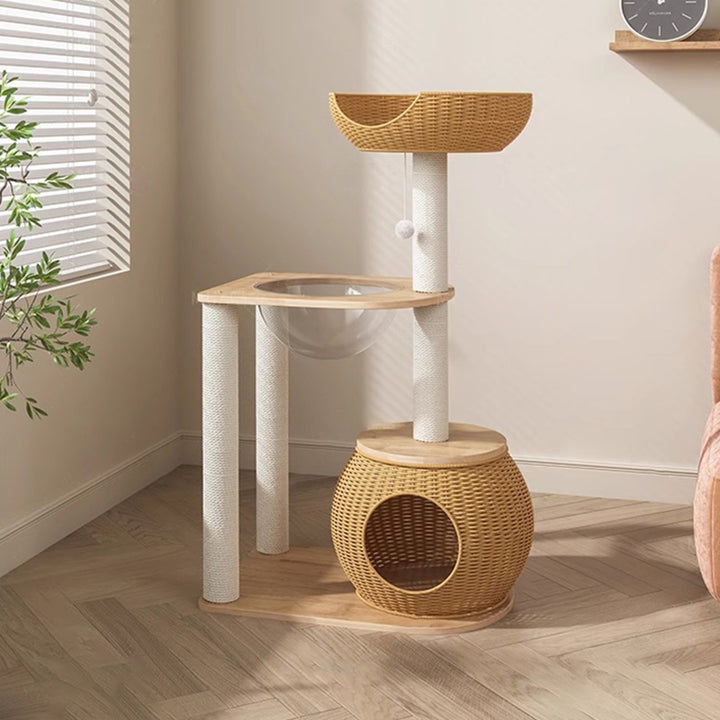 Contemporary Creative Round Rubberwood Acrylic Rattan Sisal Multi-Functional Cat Tree For Living Room