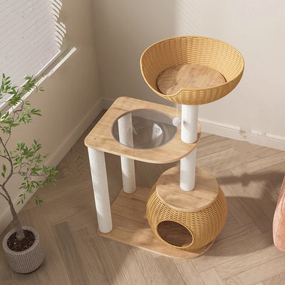Contemporary Creative Round Rubberwood Solid Wood Acrylic Rattan Sisal Multi-Functional Cat Tree For Living Room