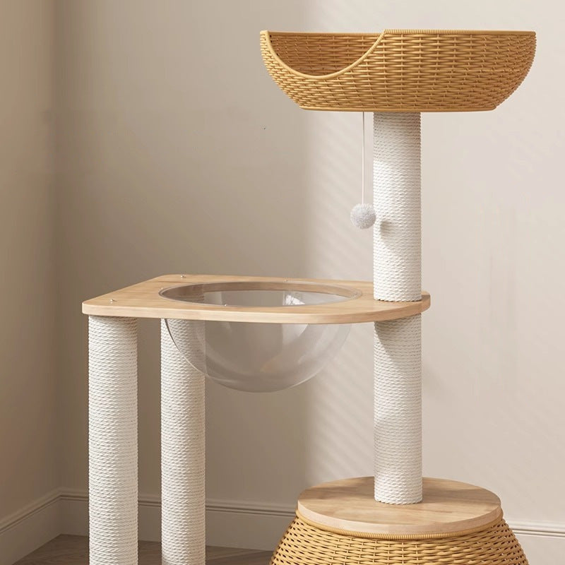 Contemporary Creative Round Rubberwood Acrylic Rattan Sisal Multi-Functional Cat Tree For Living Room