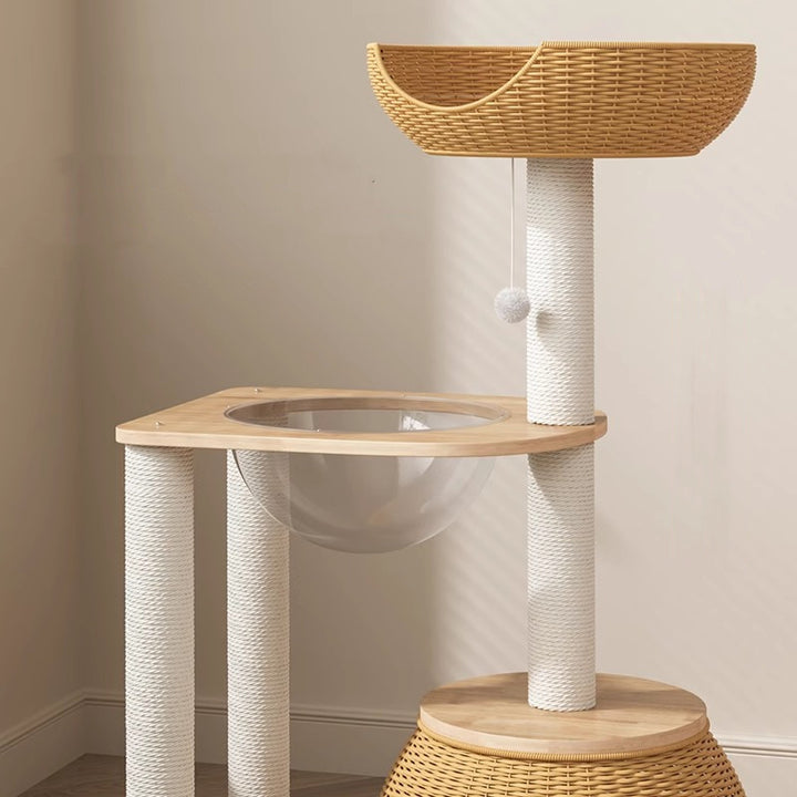 Contemporary Creative Round Rubberwood Acrylic Rattan Sisal Multi-Functional Cat Tree For Living Room