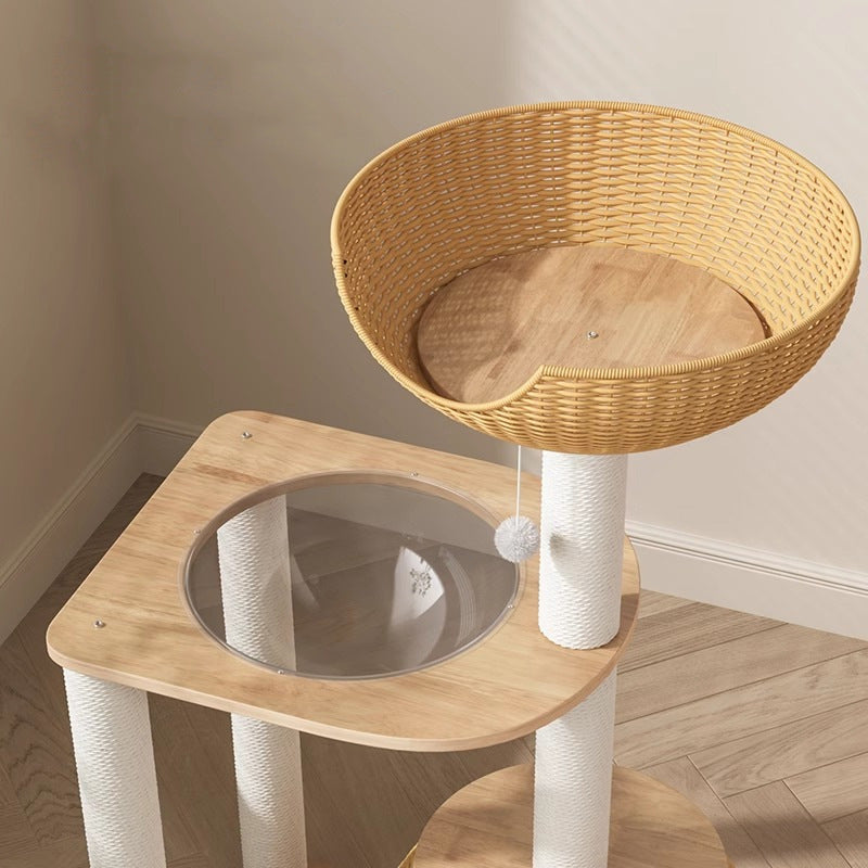 Contemporary Creative Round Rubberwood Acrylic Rattan Sisal Multi-Functional Cat Tree For Living Room