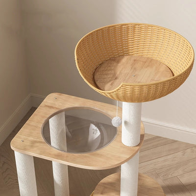 Contemporary Creative Round Rubberwood Solid Wood Acrylic Rattan Sisal Multi-Functional Cat Tree For Living Room