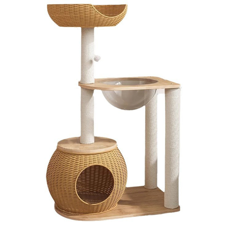 Contemporary Creative Round Rubberwood Acrylic Rattan Sisal Multi-Functional Cat Tree For Living Room