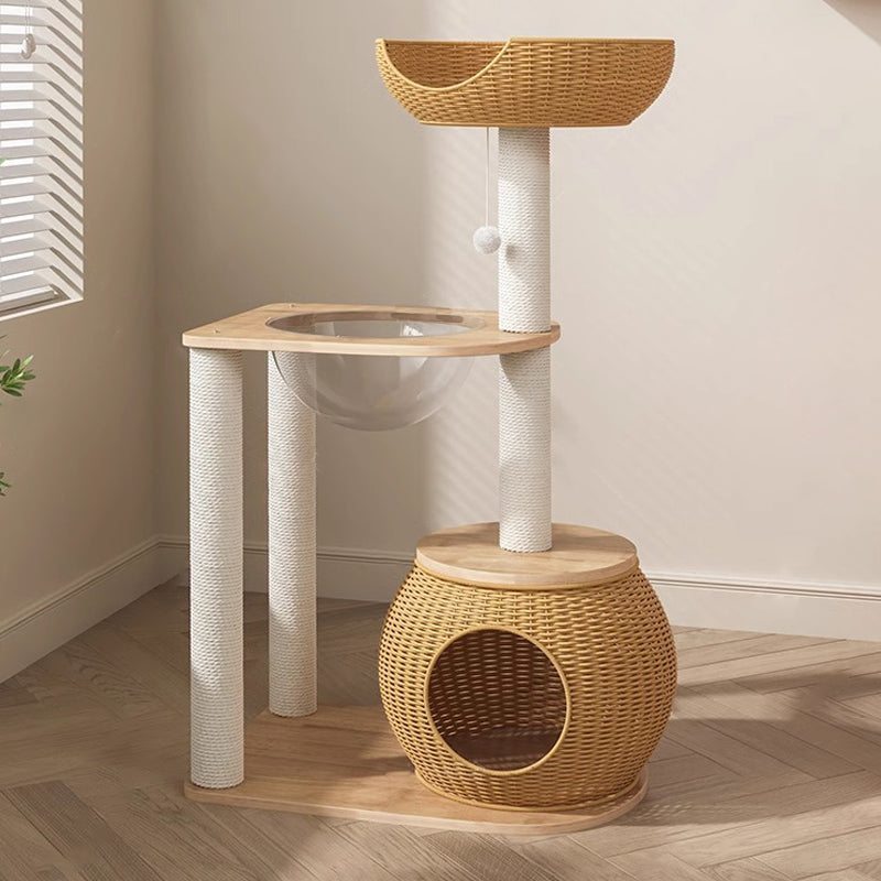 Contemporary Creative Round Rubberwood Solid Wood Acrylic Rattan Sisal Multi-Functional Cat Tree For Living Room
