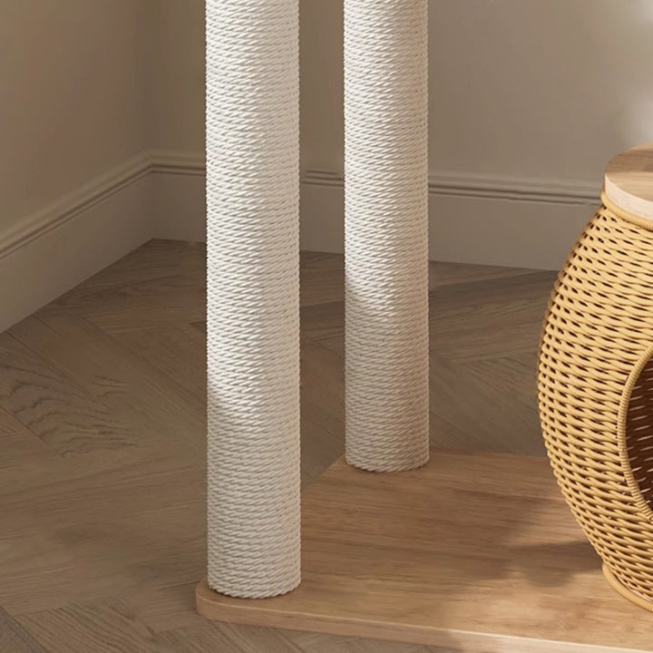 Contemporary Creative Round Rubberwood Acrylic Rattan Sisal Multi-Functional Cat Tree For Living Room