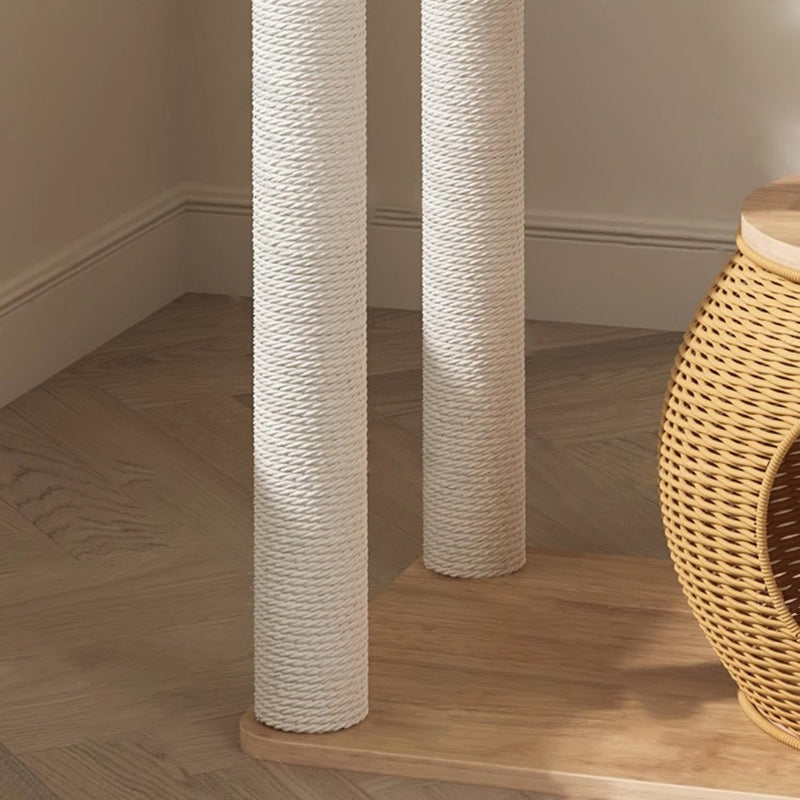 Contemporary Creative Round Rubberwood Solid Wood Acrylic Rattan Sisal Multi-Functional Cat Tree For Living Room