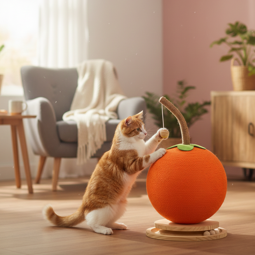 Arbre à chat contemporain créatif en forme d’orange ronde, en sisal, mousse et panneau de fibres à densité moyenne, pour chambre à coucher 
