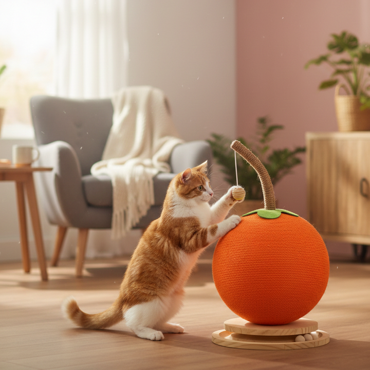 Arbre à chat contemporain créatif en forme d’orange ronde, en sisal, mousse et panneau de fibres à densité moyenne, pour chambre à coucher 