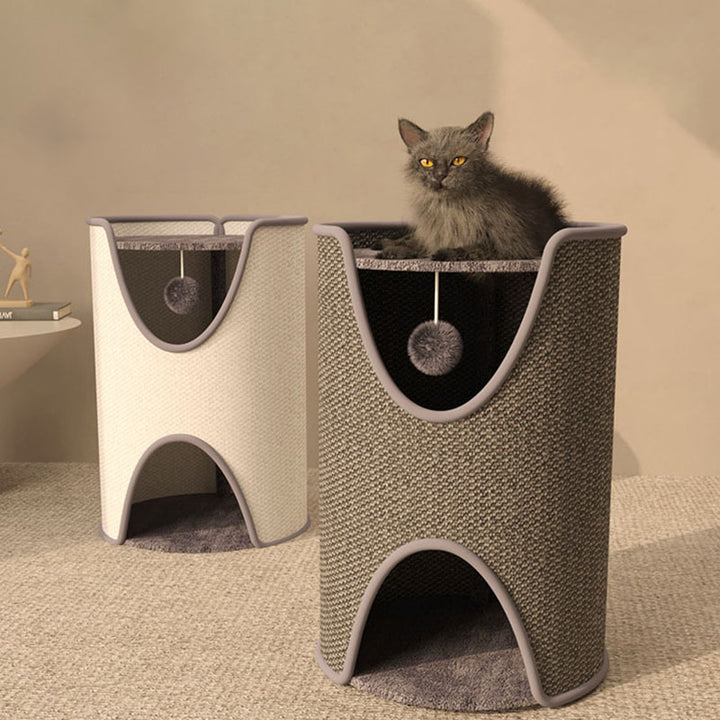 Arbre à chat contemporain créatif en sisal et velours, panneau de fibres à densité moyenne, cylindrique, 1/2 niveau, pour chambre 