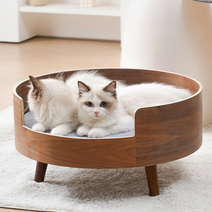 Cama redonda vintage tradicional para gatos de madera contrachapada chapada, lino y sisal para dormitorio 