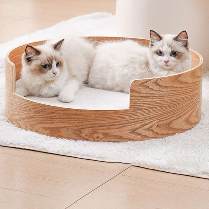 Cama redonda vintage tradicional para gatos de madera contrachapada chapada, lino y sisal para dormitorio 