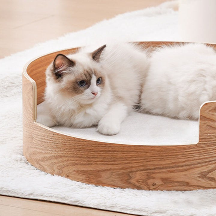 寝室用 トラディショナル ヴィンテージ風 ラウンド型 ベニヤ合板・リネン・サイザル 麻猫ベッド 
