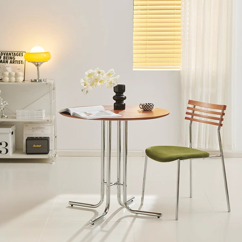 Modern Minimalist Round Multi-layer Solid Wood Panel Iron L-Shaped Leg Dining Table For Dining Room