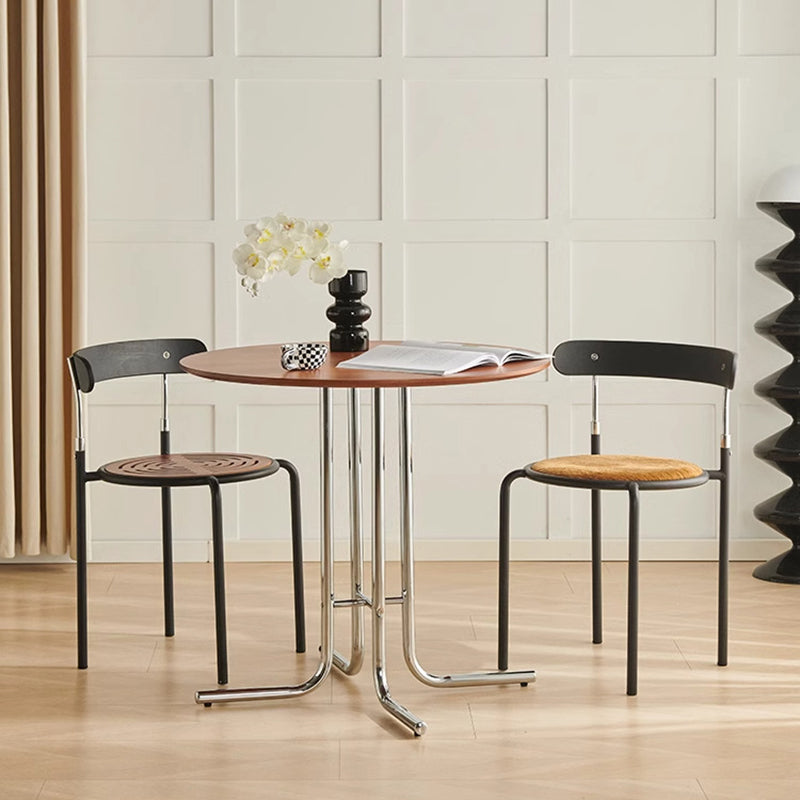 Modern Minimalist Round Multi-layer Solid Wood Panel Iron L-Shaped Leg Dining Table For Dining Room