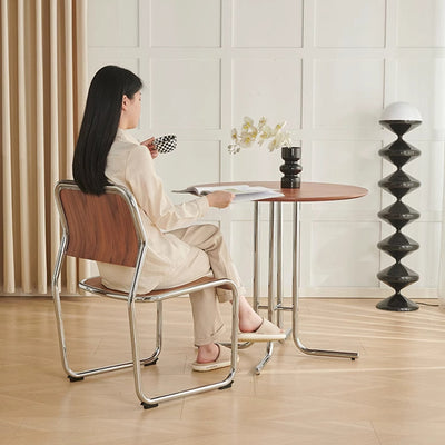 Modern Minimalist Round Multi-layer Solid Wood Panel Iron L-Shaped Leg Dining Table For Dining Room