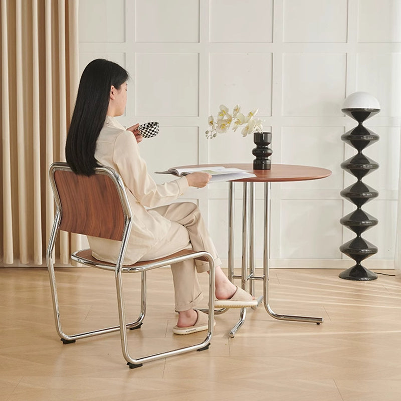 Modern Minimalist Round Multi-layer Solid Wood Panel Iron L-Shaped Leg Dining Table For Dining Room