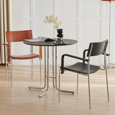 Modern Minimalist Round Multi-layer Solid Wood Panel Iron L-Shaped Leg Dining Table For Dining Room