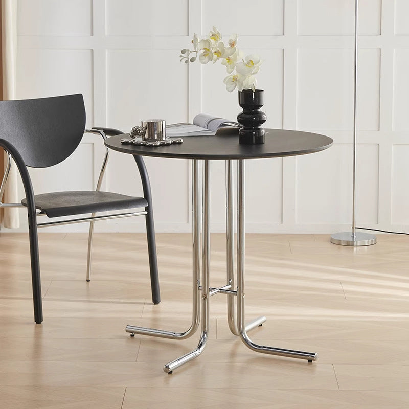 Modern Minimalist Round Multi-layer Solid Wood Panel Iron L-Shaped Leg Dining Table For Dining Room