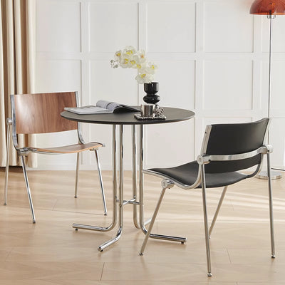 Modern Minimalist Round Multi-layer Solid Wood Panel Iron L-Shaped Leg Dining Table For Dining Room