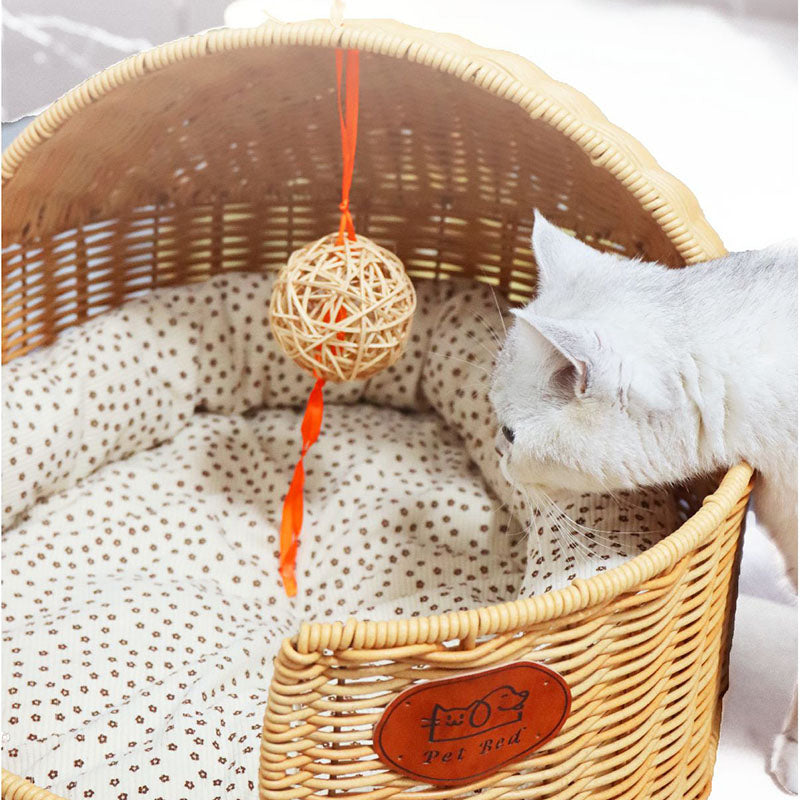Lit pour chat semi-fermé en rotin PP, tissu ovale, acier, style chinois traditionnel, pour chambre à coucher 