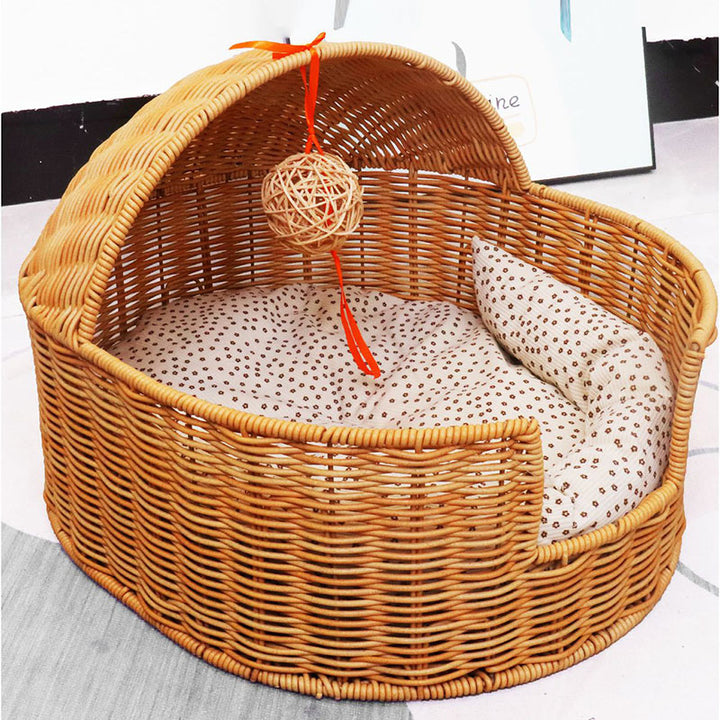 Lit pour chat semi-fermé en rotin PP, tissu ovale, acier, style chinois traditionnel, pour chambre à coucher 