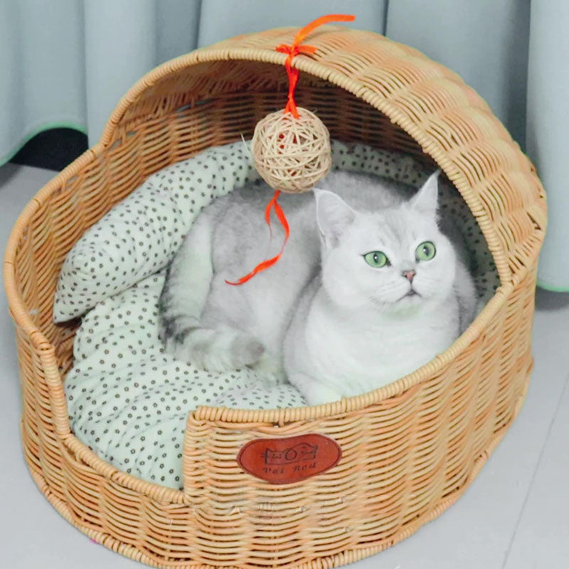 Lit pour chat semi-fermé en rotin PP, tissu ovale, acier, style chinois traditionnel, pour chambre à coucher 