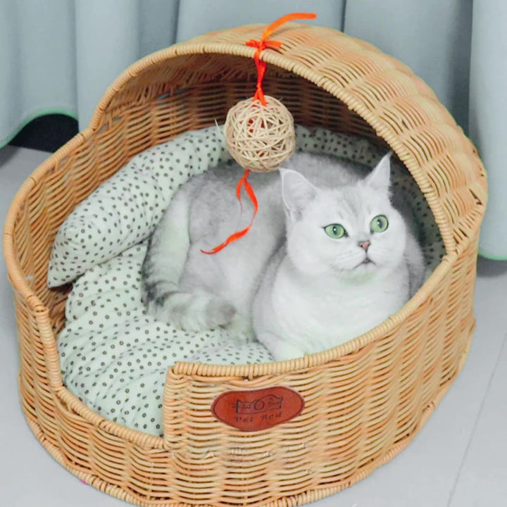 Lit pour chat semi-fermé en rotin PP, tissu ovale, acier, style chinois traditionnel, pour chambre à coucher 