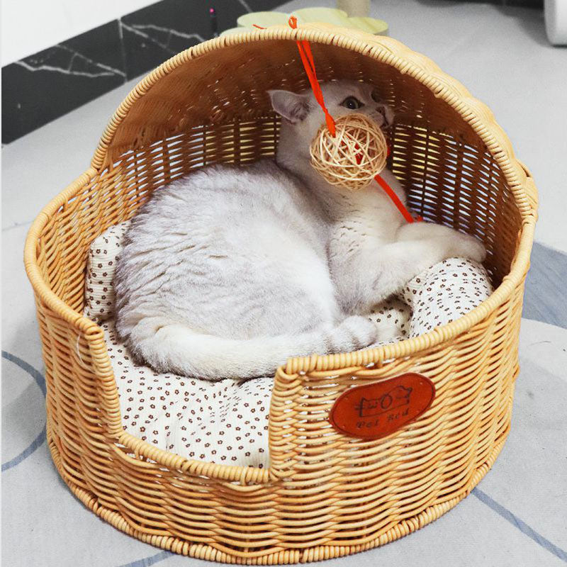 Lit pour chat semi-fermé en rotin PP, tissu ovale, acier, style chinois traditionnel, pour chambre à coucher 