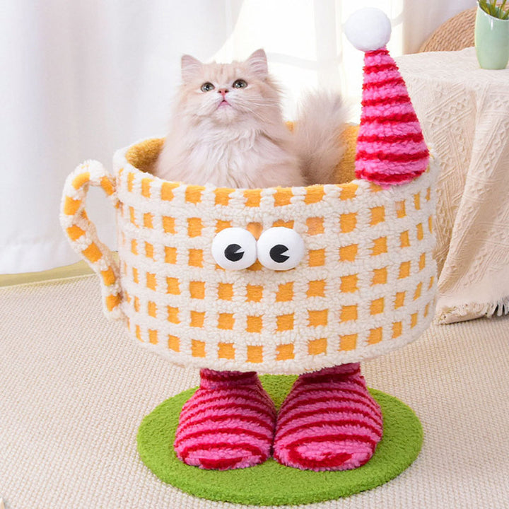 Arbre à chat multifonctionnel en forme de tasse cylindrique, en velours, tissu sisal et tube en papier, contemporain et créatif, pour chambre à coucher 