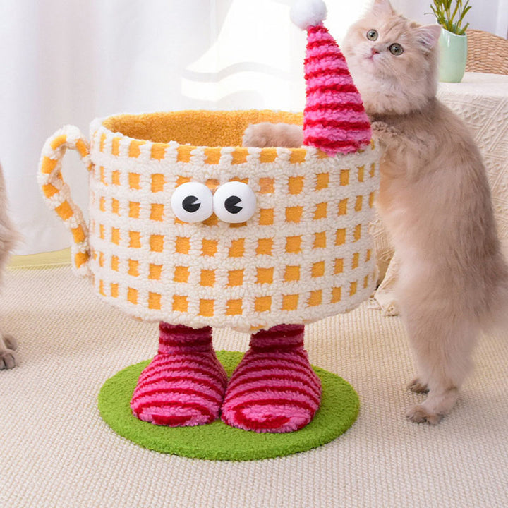 Arbre à chat multifonctionnel en forme de tasse cylindrique, en velours, tissu sisal et tube en papier, contemporain et créatif, pour chambre à coucher 