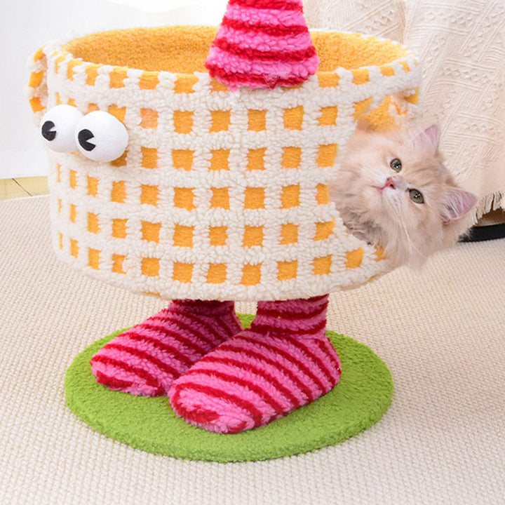 Arbre à chat multifonctionnel en forme de tasse cylindrique, en velours, tissu sisal et tube en papier, contemporain et créatif, pour chambre à coucher 