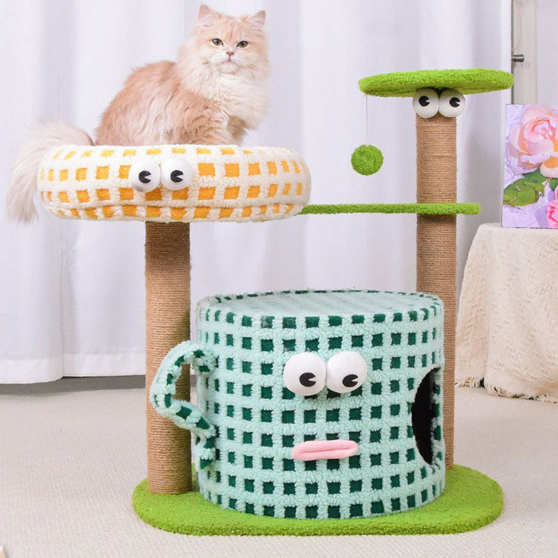 Arbre à chat multifonctionnel en forme de tasse cylindrique, en velours, tissu sisal et tube en papier, contemporain et créatif, pour chambre à coucher 