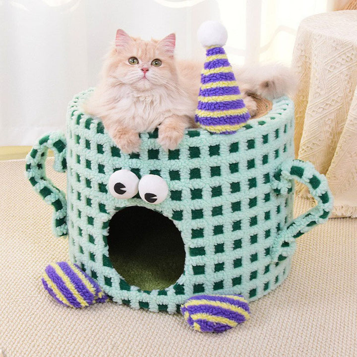 Arbre à chat multifonctionnel en forme de tasse cylindrique, en velours, tissu sisal et tube en papier, contemporain et créatif, pour chambre à coucher 