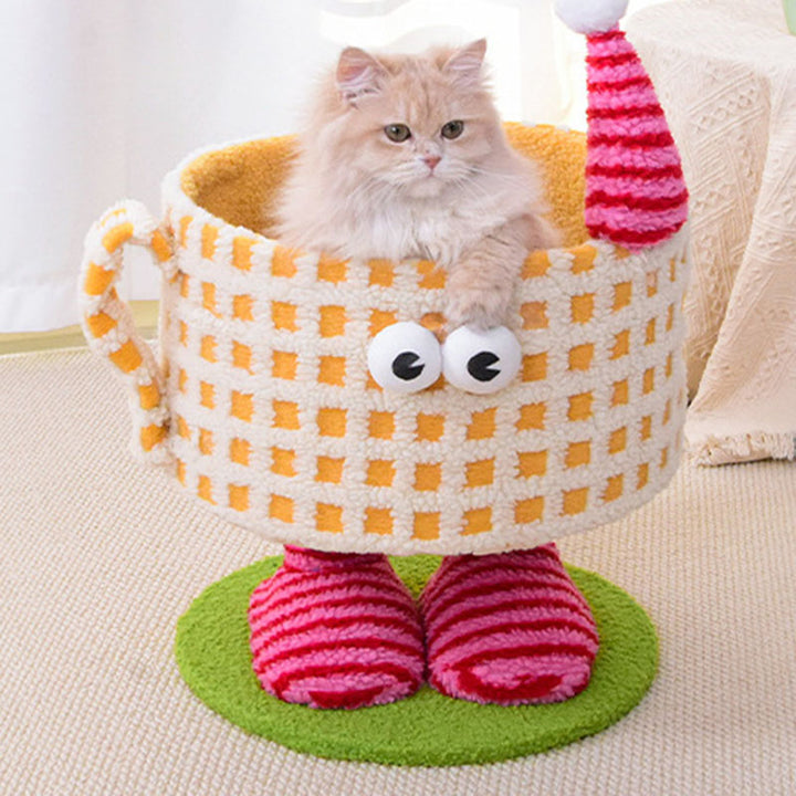 Arbre à chat multifonctionnel en forme de tasse cylindrique, en velours, tissu sisal et tube en papier, contemporain et créatif, pour chambre à coucher 